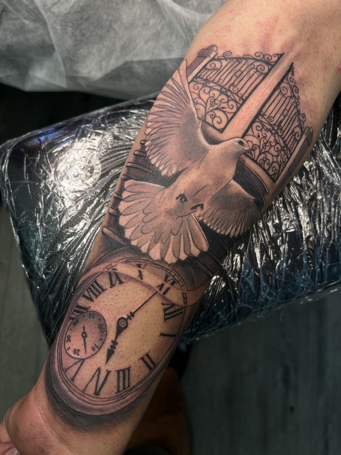 Tattoo: Black & grey — Dove and pocket watch