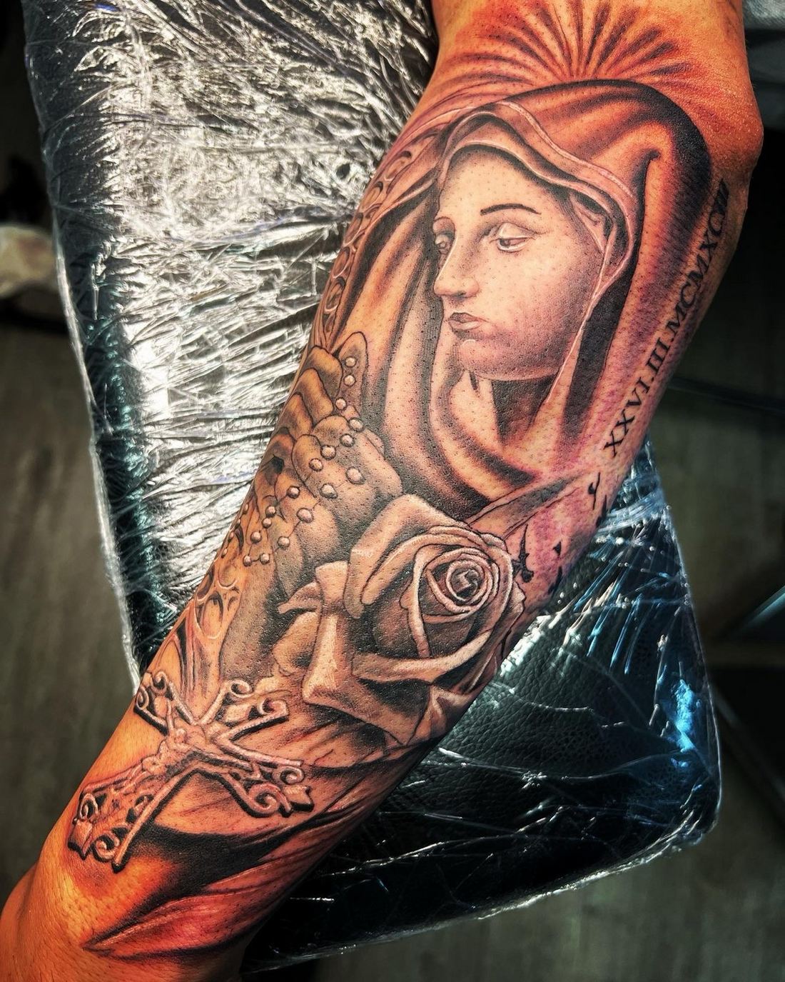 Tattoo: Black & grey — Virgin Mary with rosary