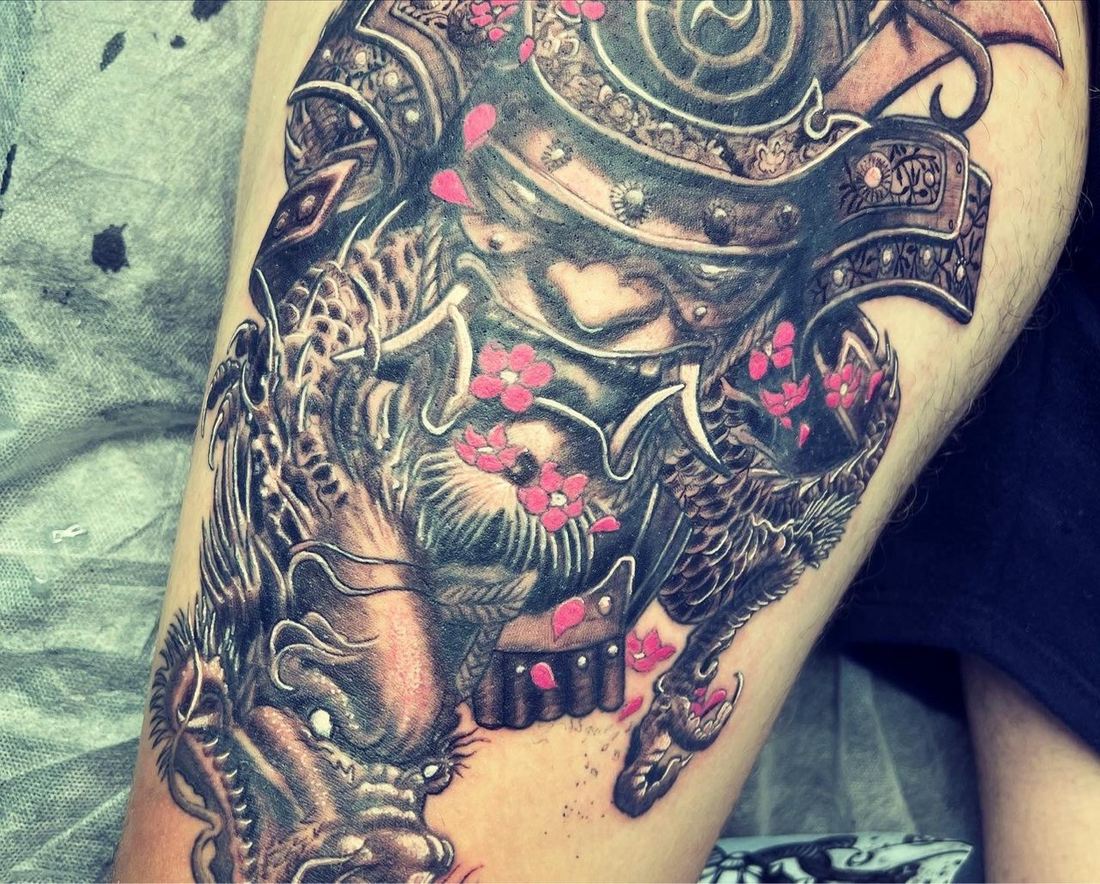 Tattoo: Color realism — Samurai and dragon