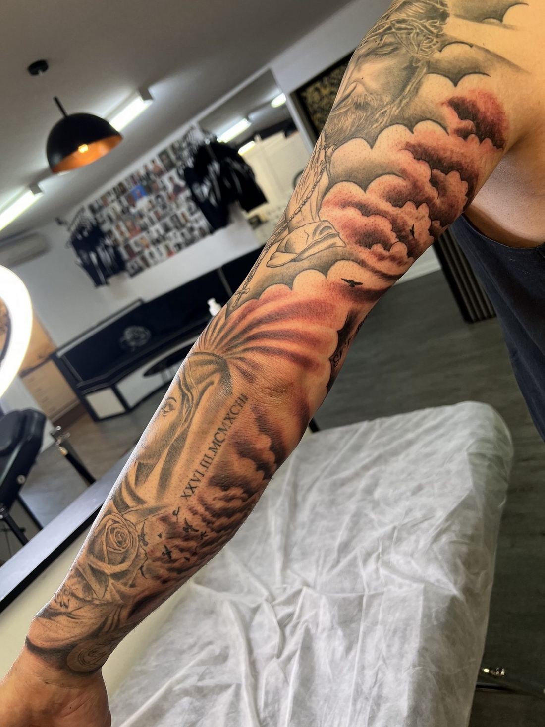Tattoo: Black & grey — Jesus sleeve