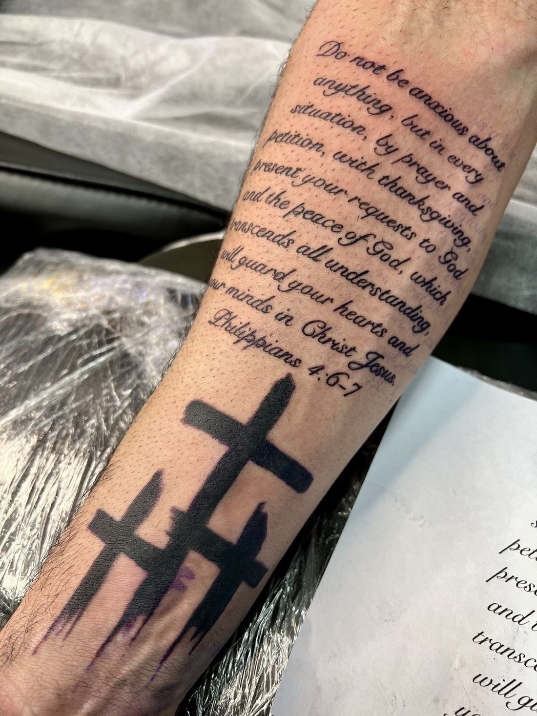 Tattoo: Lettering — Scripture and crosses