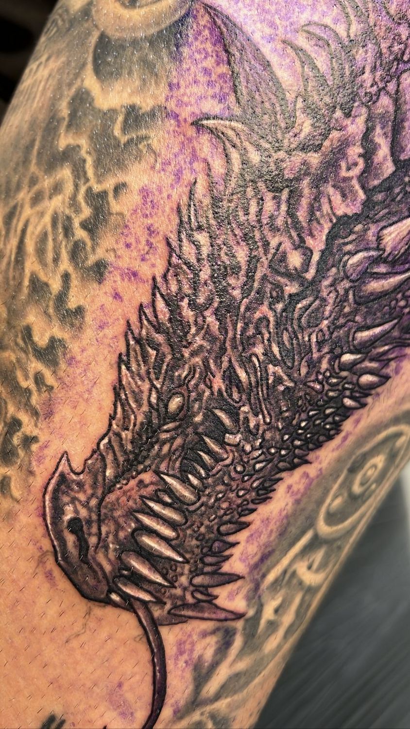 Tattoo: Black & grey realism — Dragon