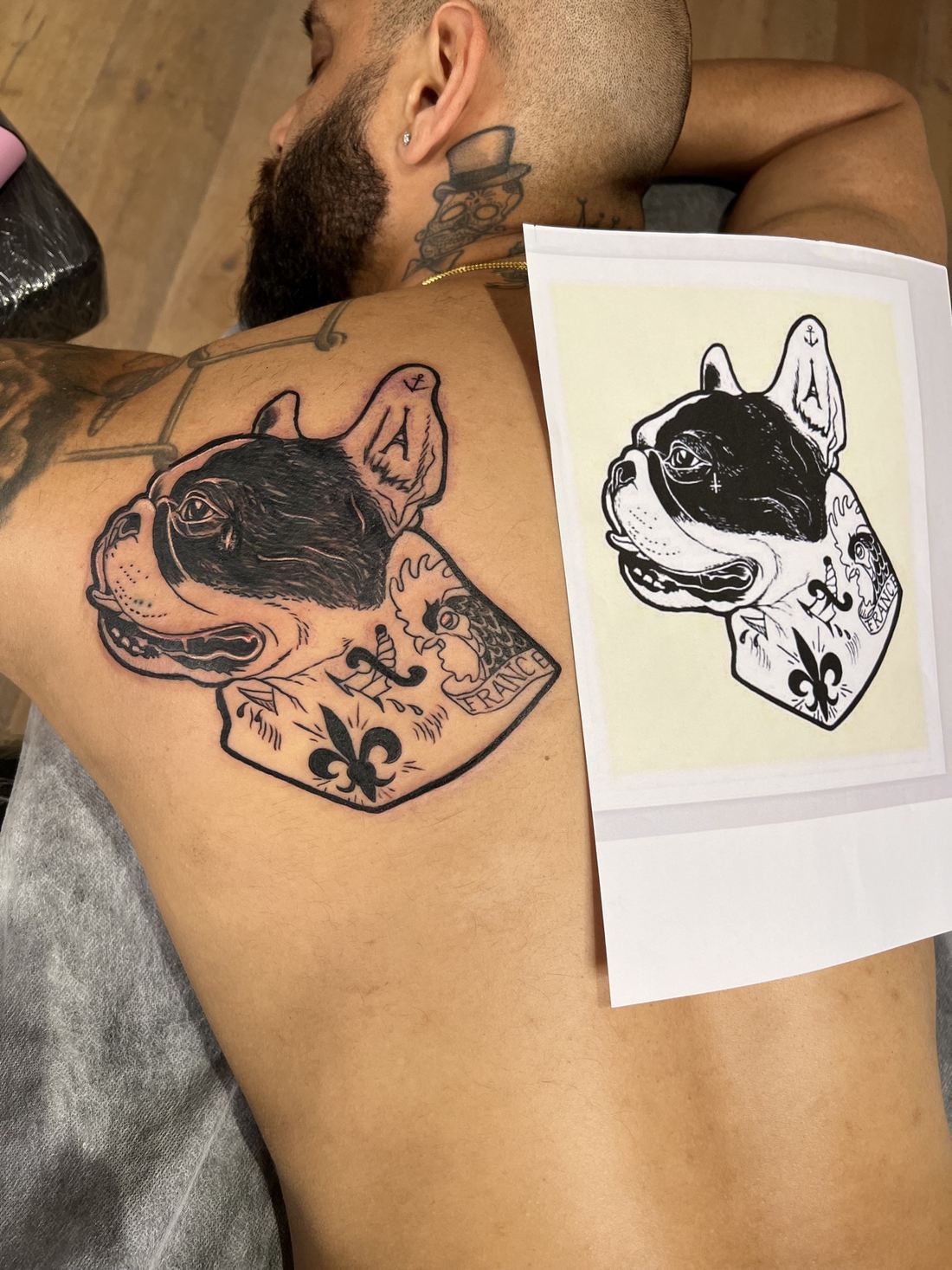 Tattoo: Black & grey — “France” French bulldog