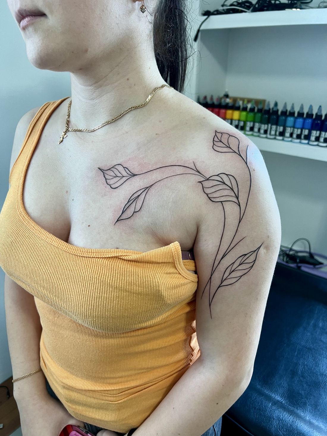 Tattoo: Black & grey fine line — Leaf branch